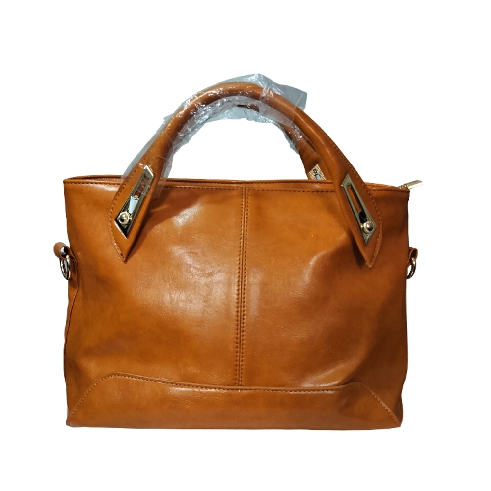 Mia bella Sophisticated Tan Genuine Leather Satchel with Metallic Accents NWOT